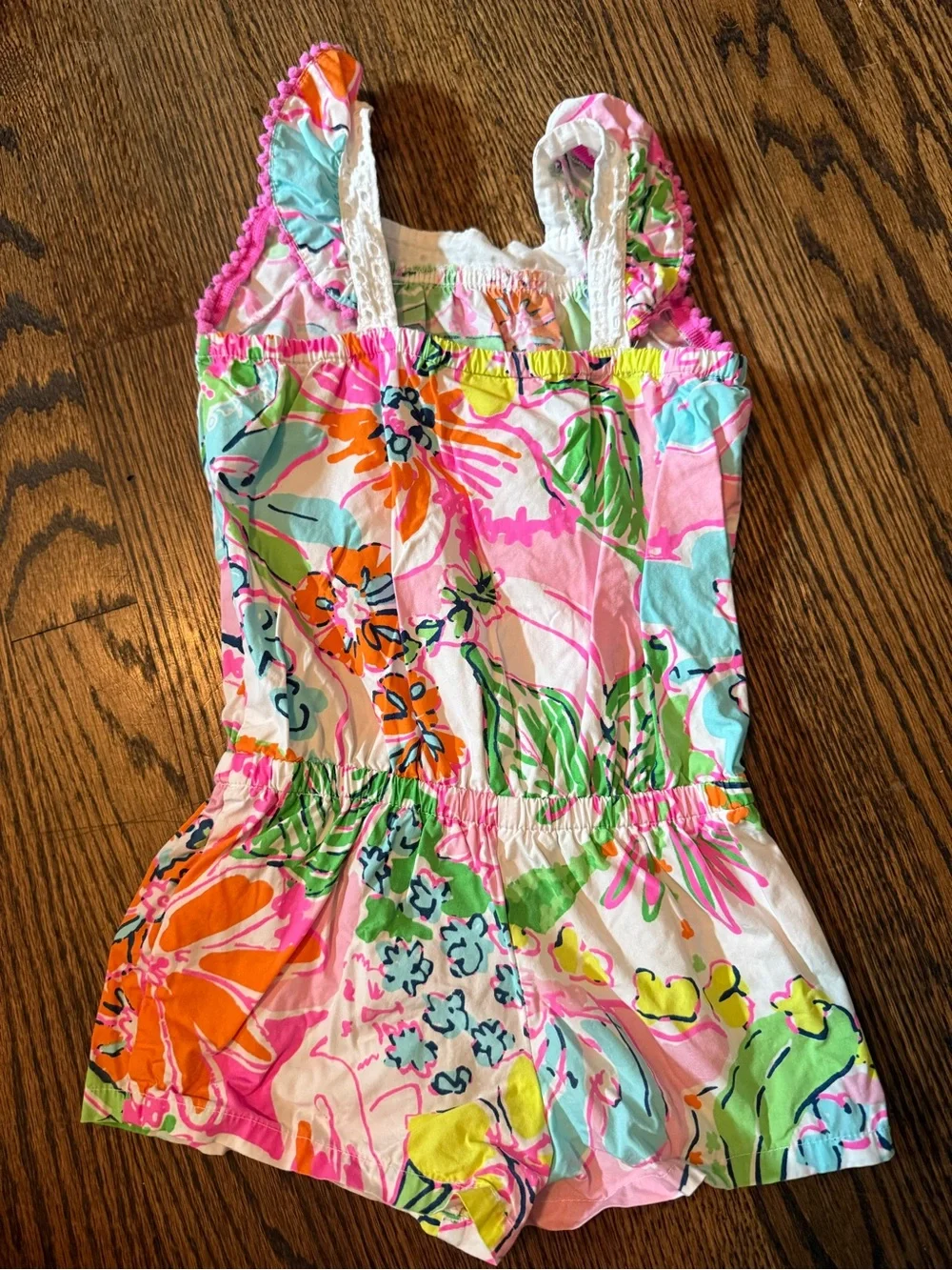 Lilly Pulitzer White Floral Romper with Pink, Green & Orange Print